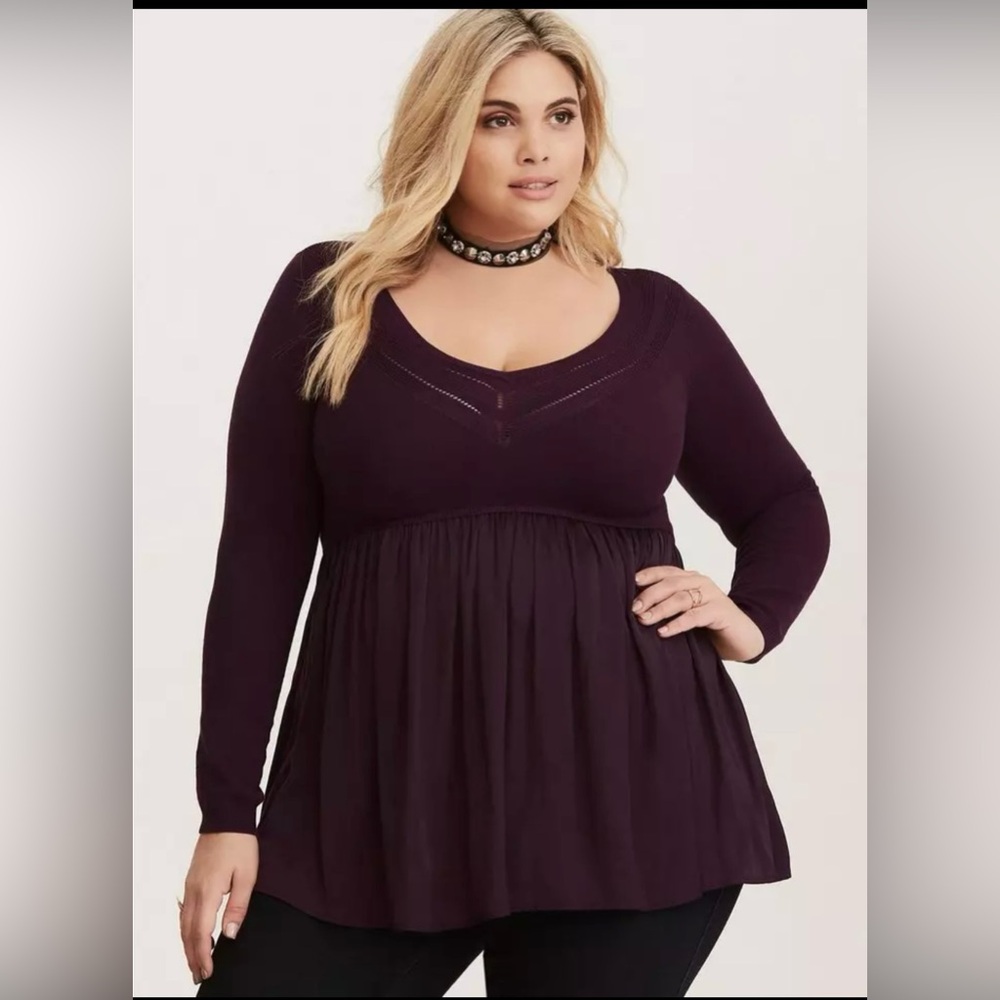 Torrid Sweater Sz 2X VNeck Pullover Eggplant/Burgundy Babydoll Knitted Holiday